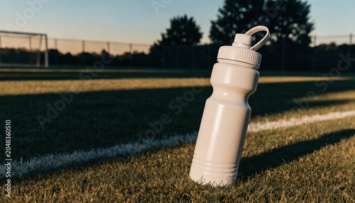 Blank white sports water bottle on green sideline grass of a soccer pitch, photorealistic mockup for athletic branding, highly detailed plastic texture on stadium field turf background.