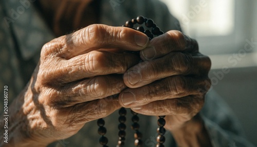 Detailed shot of senior hands holding wooden misbaha prayer beads under soft warm window lighting, capturing a peaceful and spiritual essence of traditional religious worship and quiet devotion.