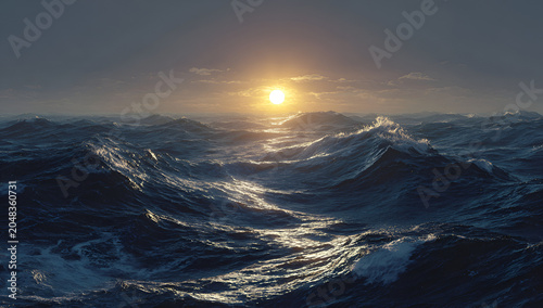 A mesmerizing view of the ocean with waves under a radiant, golden sun, creating a scenic horizon during sunset