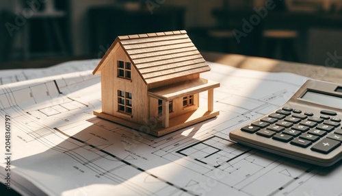 Real estate investment concept featuring a miniature wooden house model placed on architectural blueprints next to a calculator, representing housing market analysis and financial planning.