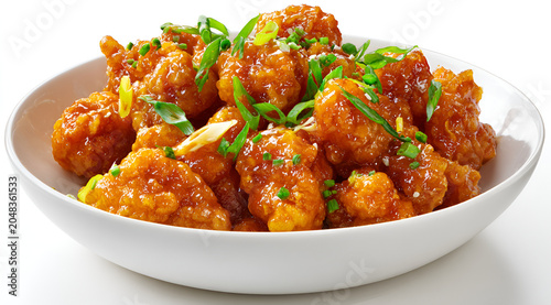 Close-up of saucy, golden-fried food in a white bowl. Garnished with chopped green onion and sesame seeds. Ready to eat