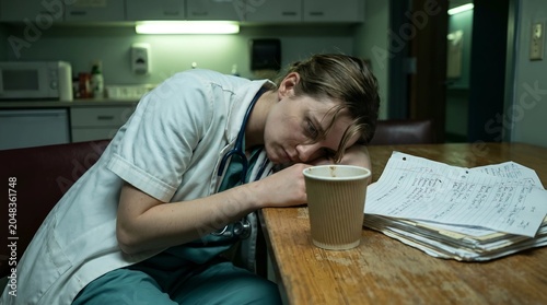 Exhausted female healthcare worker sleeping at kitchen table after long shift.