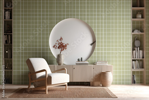An interior scene featuring a modern armchair, wooden cabinet, and shelves, against a grid-tiled wall. A large round element adorns the wall