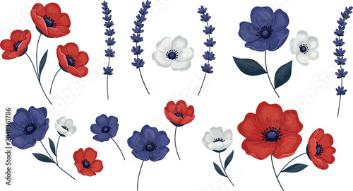 Set of hand painted watercolor red blue and white flowers and lavender sprigs isolated on a white background for design