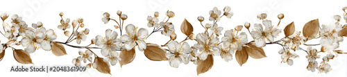 A watercolor painting displays a delicate floral border with creamy white blossoms, bronze leaves and buds on a thin stem against white