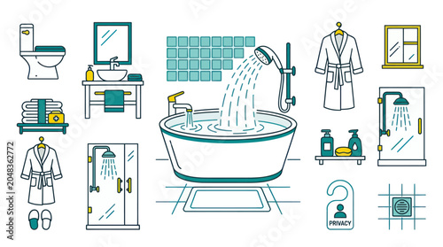 Cuadro en lienzo Modern bathroom fixtures and home interior icon set.