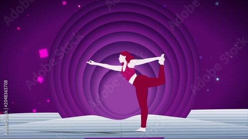 International Yoga Day Animation with Woman Performing Dancer Pose on Purple Abstract Background