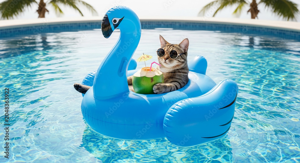 Obraz premium Tabby cat in sunglasses floats on a blue flamingo pool float with a coconut drink, symbolizing relaxation and vacation