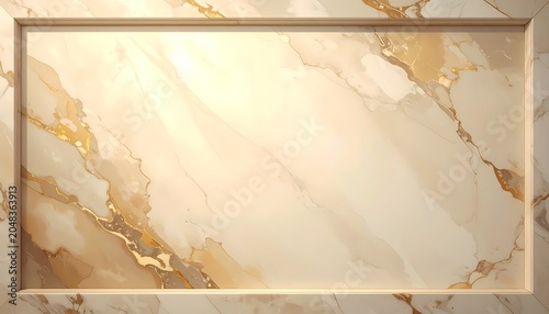 Framed cream marble texture with gold veins, front view medium shot for luxury interior decoration, realistic 3D render, bright warm lighting on clean minimalist background.