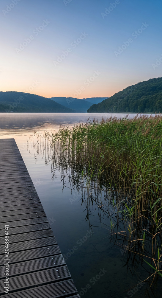 Obraz premium Wooden pier on a calm lake with reeds at sunrise, symbolizing peace, nature, and tranquility, perfect for travel or relaxation themes