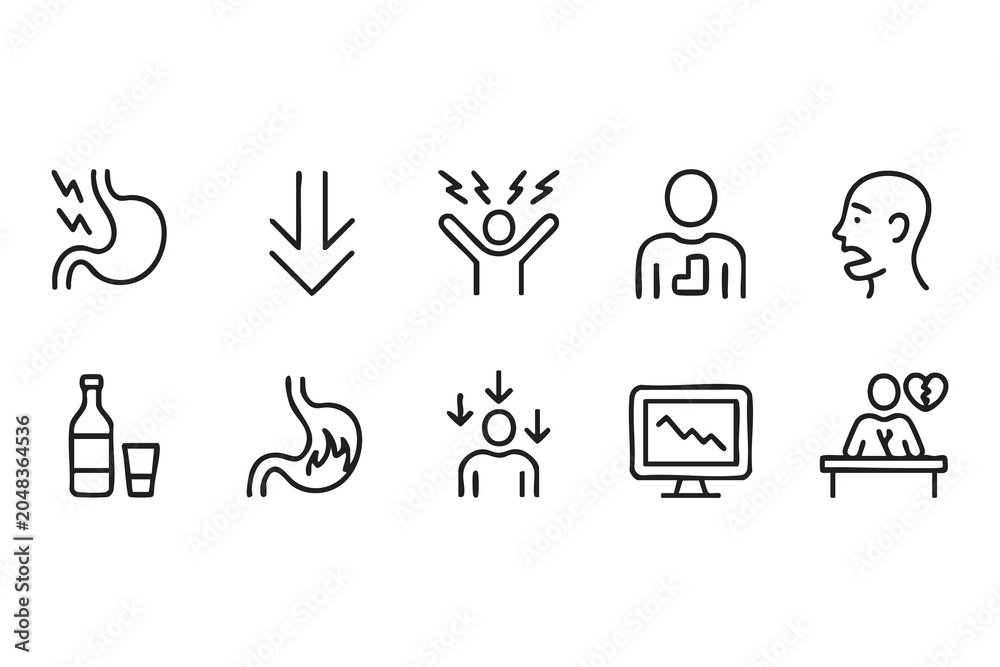 Fototapeta premium Mental Wellness Outline Icon Set Featuring Depression Heartbreak and Workplace Stress