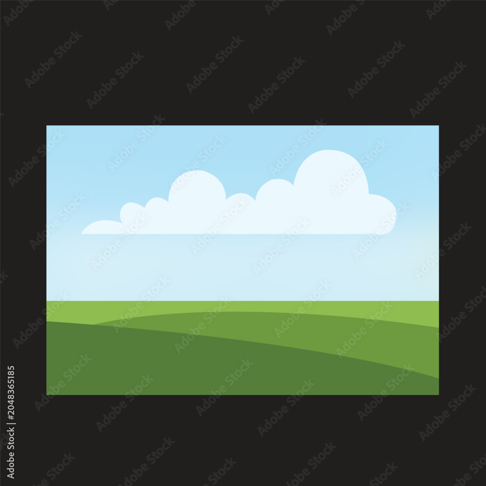 Fototapeta premium Minimalist cartoon landscape background with green rolling hills and fluffy white clouds under a blue sky vector illustration.