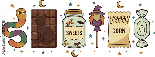 Foto Halloween candy and treats illustration with colorful sweets and snacks