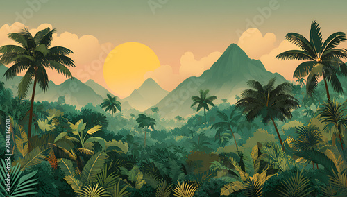 A vibrant, animated jungle scene with palm trees, layered green foliage, rolling mountains, and a large sun setting