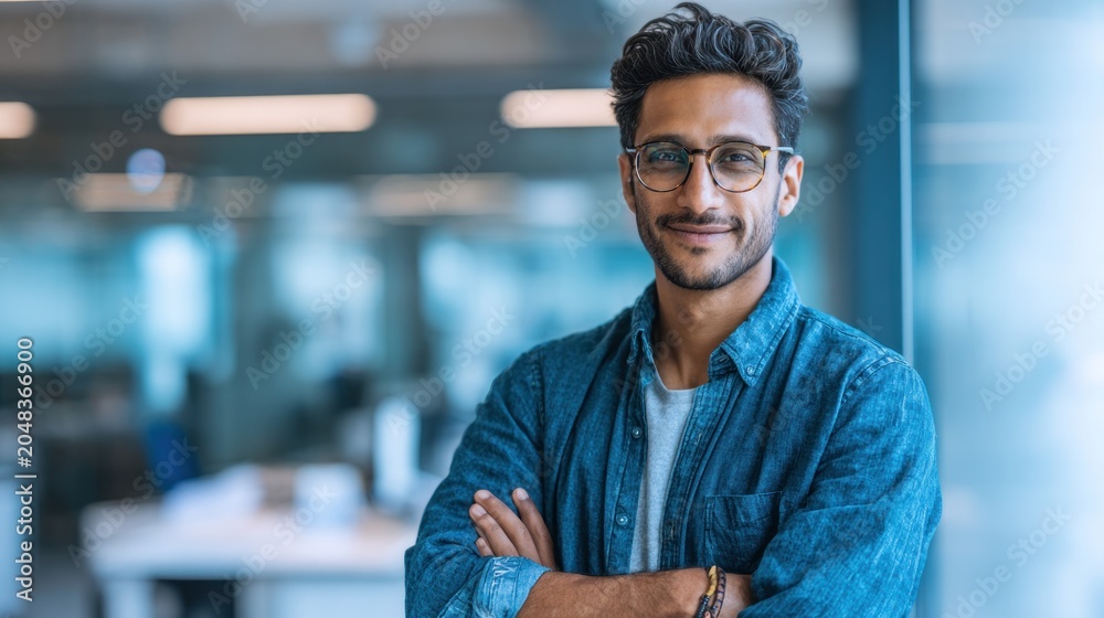 Fototapeta premium Confident man with glasses smiling in a modern office environment