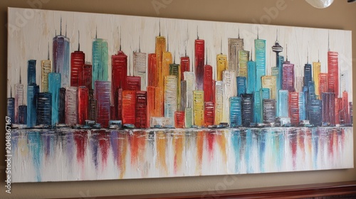 Abstract cityscape painting with colorful buildings and reflection