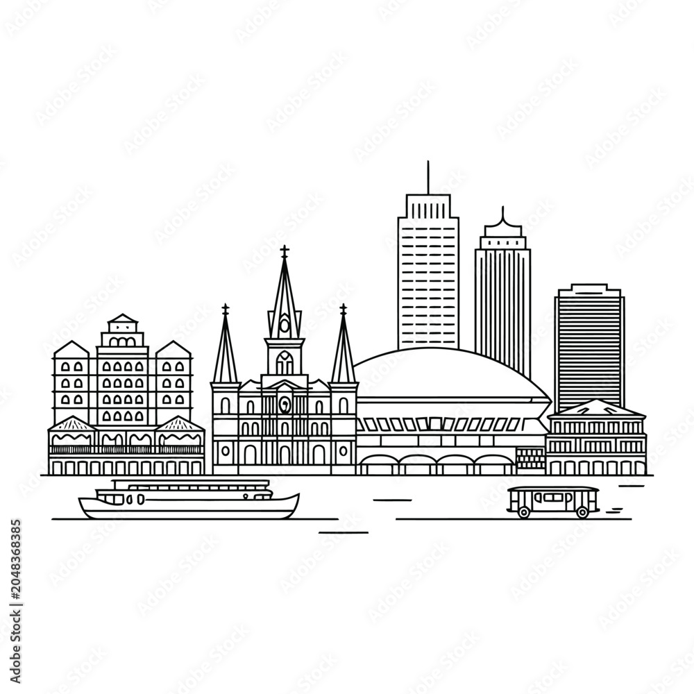 Obraz premium Black and White Line of New Orleans Skyline Featuring Iconic Buildings and a Riverboat on White Background