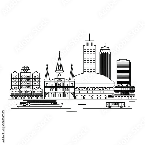 Black and White Line of New Orleans Skyline Featuring Iconic Buildings and a Riverboat on White Background