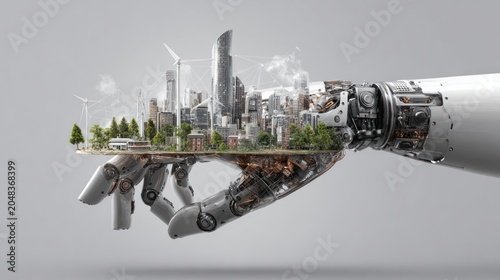 Robotic hand holding miniature green city with skyscrapers and wind turbines