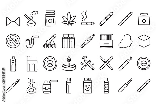 Tobacco Product Outline Icon Set Featuring Cigars Lighter Ashtray and Smoke