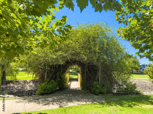 A beautiful arch garden over a walkway bridge in the park at Glen Innes, NSW, Australia 