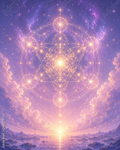 Metatron Cube Sacred Geometry Floating in Celestial Clouds