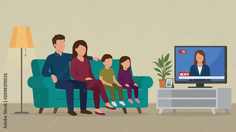 Obraz premium Family sitting on a sofa watching live news broadcast on television at home