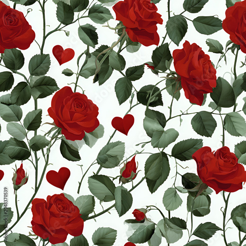 A vibrant seamless pattern featuring blooming red roses, green leaves, delicate vines, and scattered red heart shapes on a white background