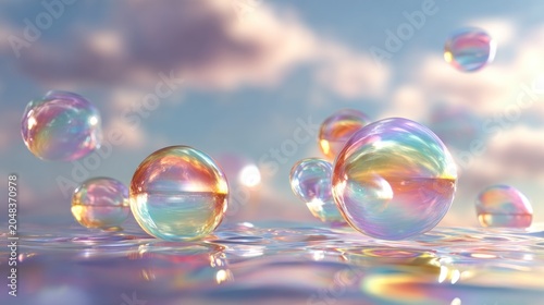 Vibrant soap bubbles floating against sky with light and reflections