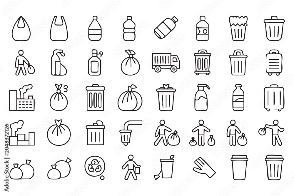 Naklejka premium Garbage Disposal Trash Bin and Cleanup Line Symbol Set