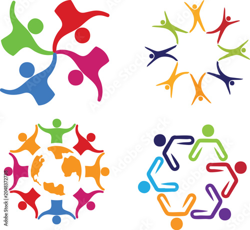 global Teamwork And Community Unity Vector Logo Set Colorful People Circle Friendship And Diversity Symbols