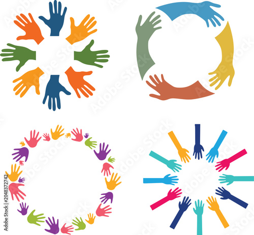 Colorful Hands Circle Vector Icon Set Teamwork Volunteer Charity Support And Community Unity Concept