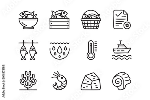 Obraz na płótnie Seafood Collection Featuring Fish Basket Shrimp Boat and Quality Certificate