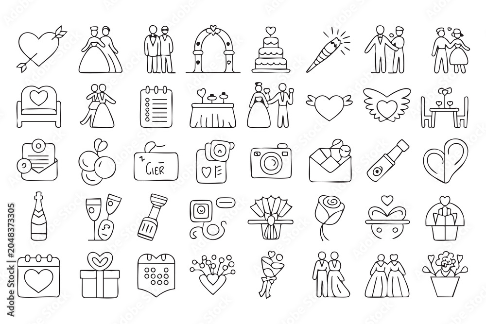 Naklejka premium Wedding and Love Outline Icon Set with Bride Groom Hearts and Gifts