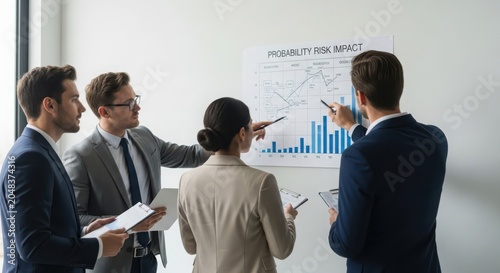 Diverse Business Team Collaborates Analyzing Probability Risk Impact Chart During Strategy Meeting