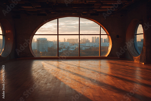 An empty room with circular windows and city views at sunset, casting warm light on the wooden floor