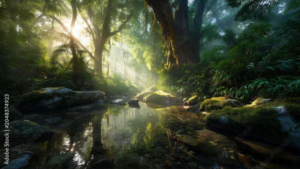 Naklejka premium first morning sunlight by a misty rainforest stream, magical sunbeams in pristine tropical rainforest, ancient rainforest trees glowing in morning mist