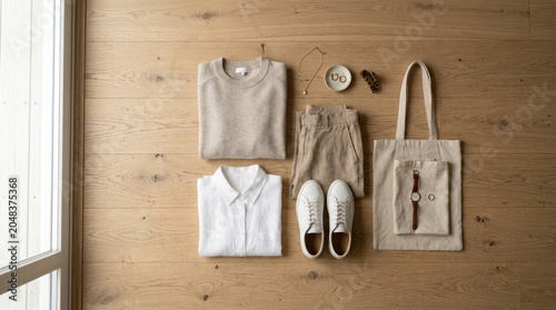 Flat lay of minimalist and sustainable fashion items on a wooden floor, showcasing eco-friendly clothing and accessories.