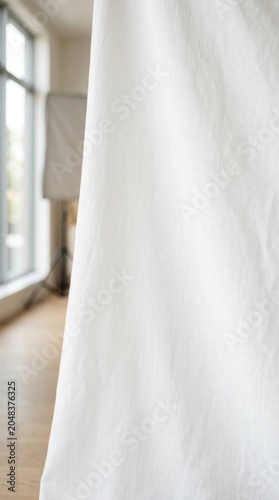 White Curtain in a Bright Room with Window and Natural Light.