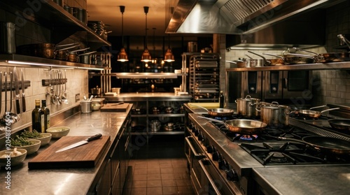Professional Commercial Kitchen Interior with Stainless Steel Equipment and Warm Lighting.
