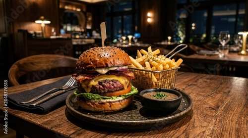 Gourmet double cheeseburger with crispy bacon, golden french fries, and dipping sauce on a rustic wooden table in a cozy restaurant.