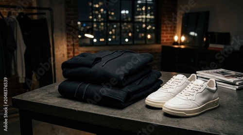 Stylish Dark Clothing and White Sneakers on a Table in a Modern Loft Apartment.