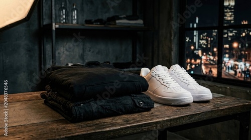 Stylish urban outfit with black jeans and white sneakers on a wooden table.