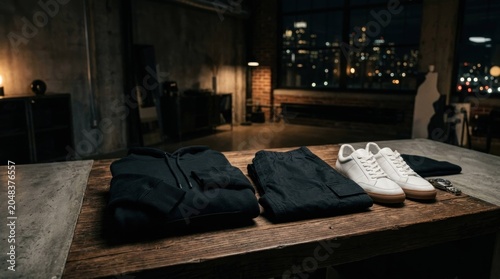 Stylish Apparel and Footwear Displayed on a Rustic Wooden Table in a Modern Urban Setting.