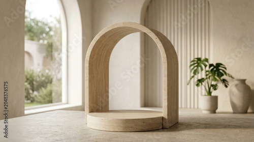 Minimalist Wooden Arch Pedestal in Bright Room with Natural Light and Greenery.