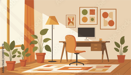 Fotografía Modern interior workspace bathed in warm sunlight with potted plants and abstrac