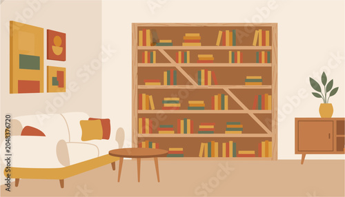 Obraz na plátně Cozy living room with white sofa wooden bookshelf and abstract art during daylig
