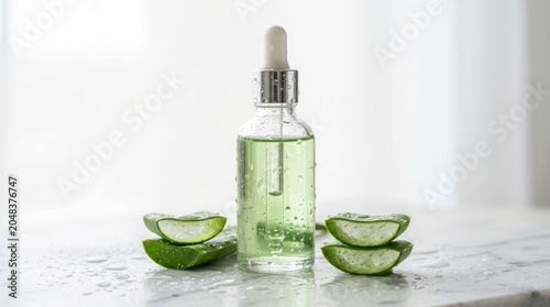 Natural Aloe Vera Serum Bottle with Fresh Lime Slices on White Background.