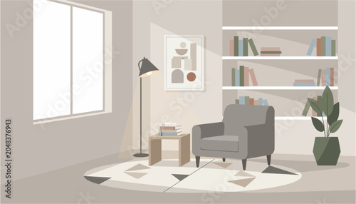 Fotografie Cozy living room with armchair bookshelf and large window in soft natural light