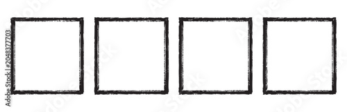 Set of four hand drawn black square frames with grunge texture, isolated on white background. Blank borders for photos or text.